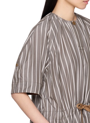  - FAFAMOON - Stripe Gathered Drawstring Waist Cotton Linen Dress