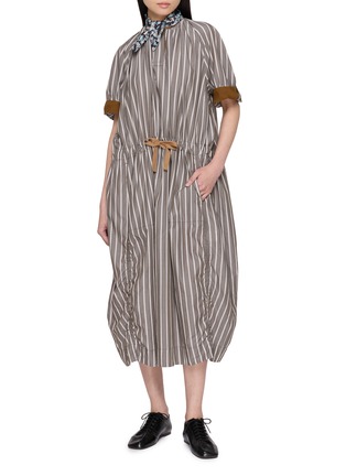模特儿示范图 - 点击放大 - FAFAMOON - Stripe Gathered Drawstring Waist Cotton Linen Dress