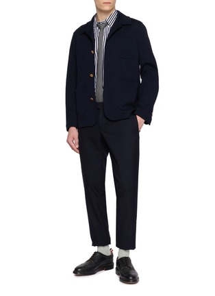 模特儿示范图 - 点击放大 - THOM BROWNE - Striped Sailboat Embroidery Cotton Poplin Shirt