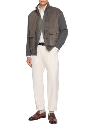 模特儿示范图 - 点击放大 - BRUNELLO CUCINELLI - Leather Panel Knit Bomber Jacket