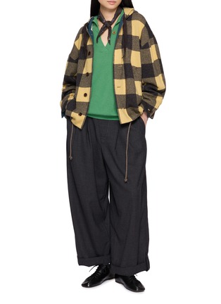 模特儿示范图 - 点击放大 - FAFAMOON - Diamond Stitch V-Neck Hooded Knit Top