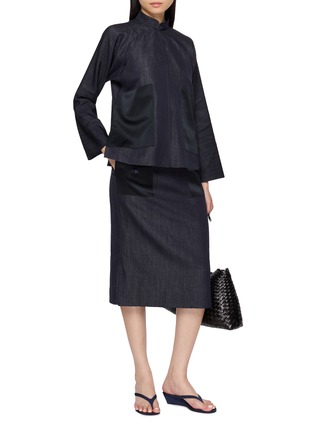 模特儿示范图 - 点击放大 - MS MIN - Mandarin Collar Denim Textured Patchwork Jacket