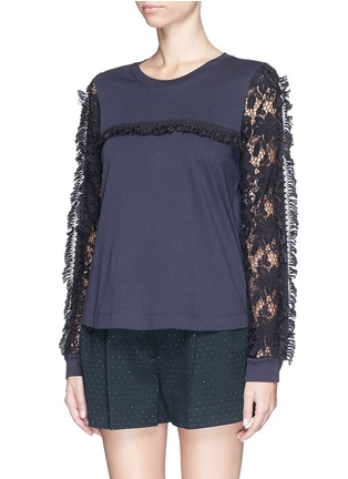 正面 - 点击放大 - SEE BY CHLOÉ - Guipure lace sleeve tassel cotton T-shirt