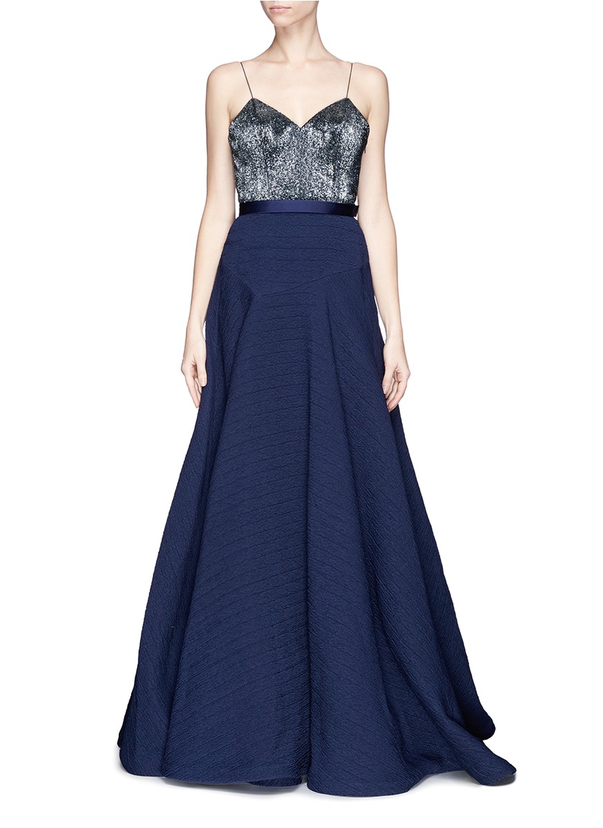 亮珠拼接曳地礼服裙