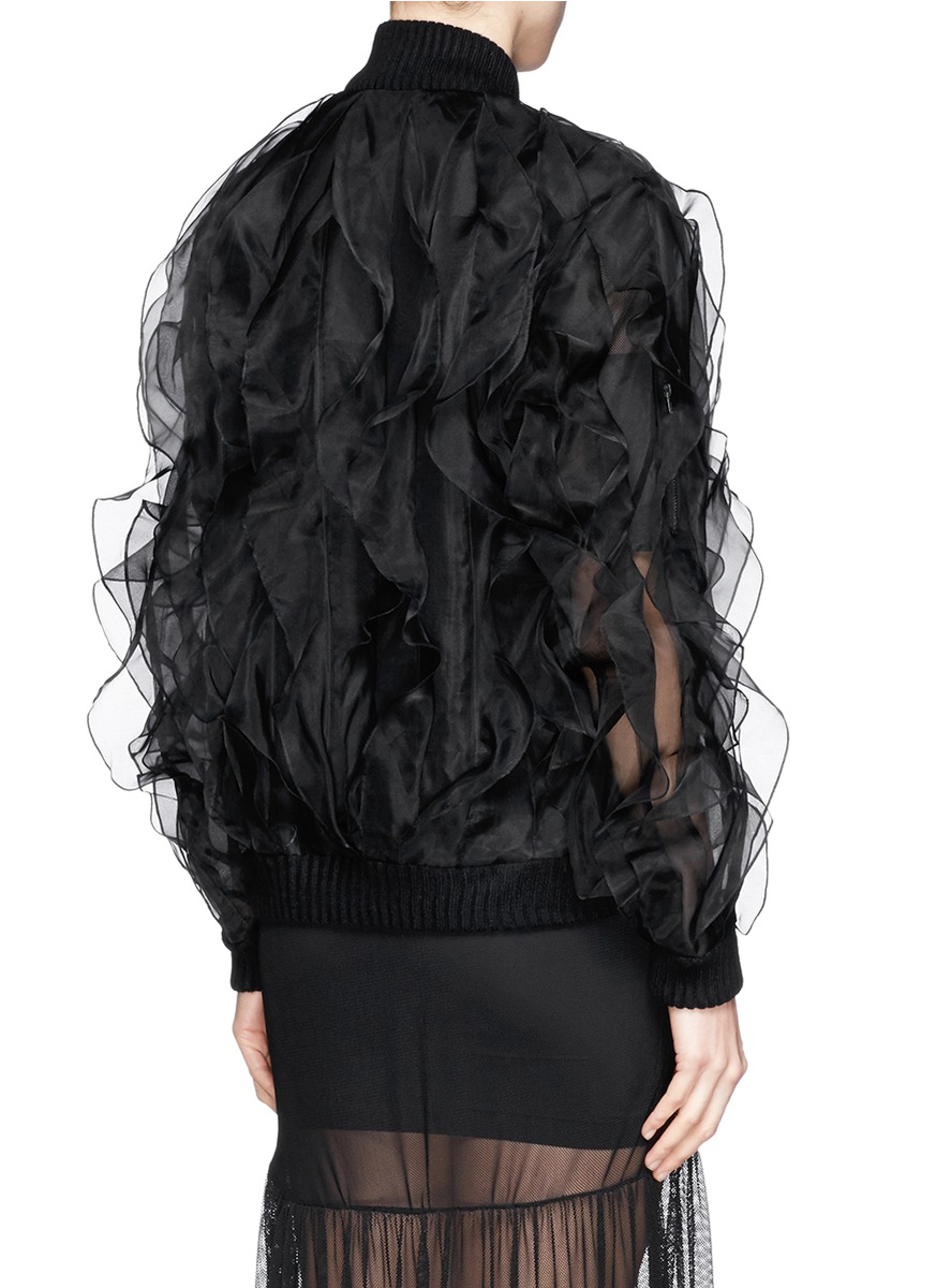 nicopanda - 欧根纱荷叶边棒球外套 | 黑色 休闲 夹克 | 女装 | lane