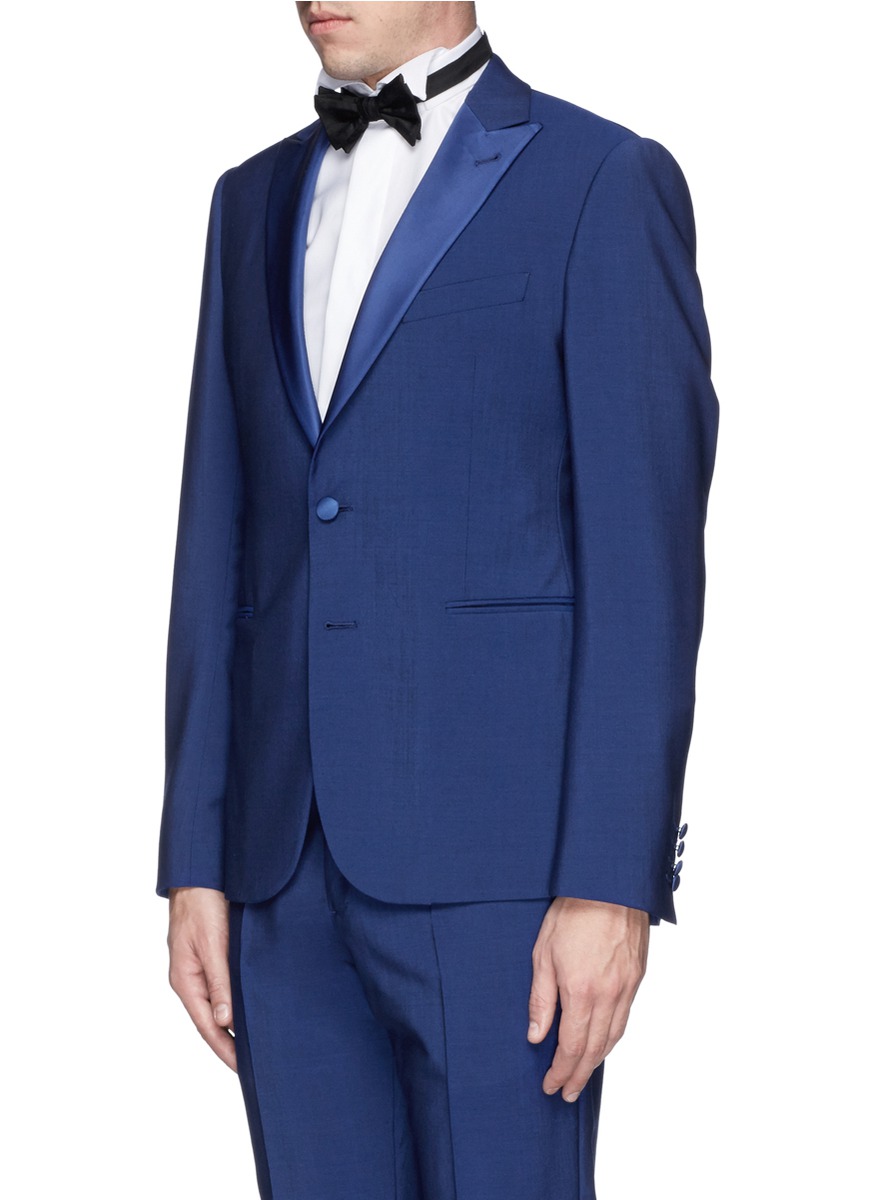 缎面拼贴混羊毛西服套装